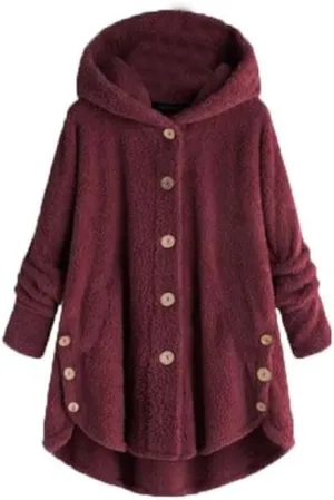 MARSVOVO Women's Winter Warm Sherpa Lined Jackets Plus Size Hooded Faux Suede Long Sleeve Horn Buckle Coats with Pockets