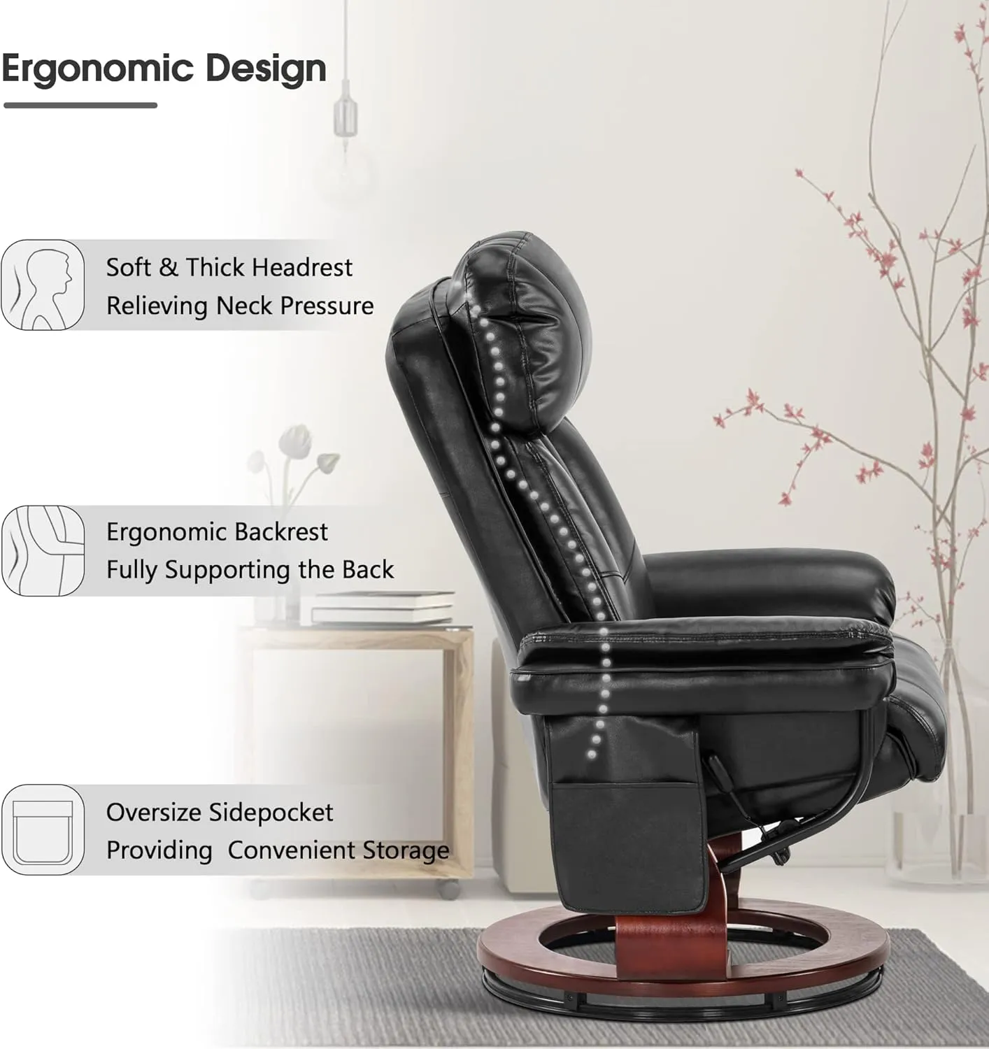 MCombo Swivel Recliner with Ottoman, Faux Leather TV Chair with Vibration Massage, Ideal for Small Space, Living Room & Bedroom (Faux Leather, Black)