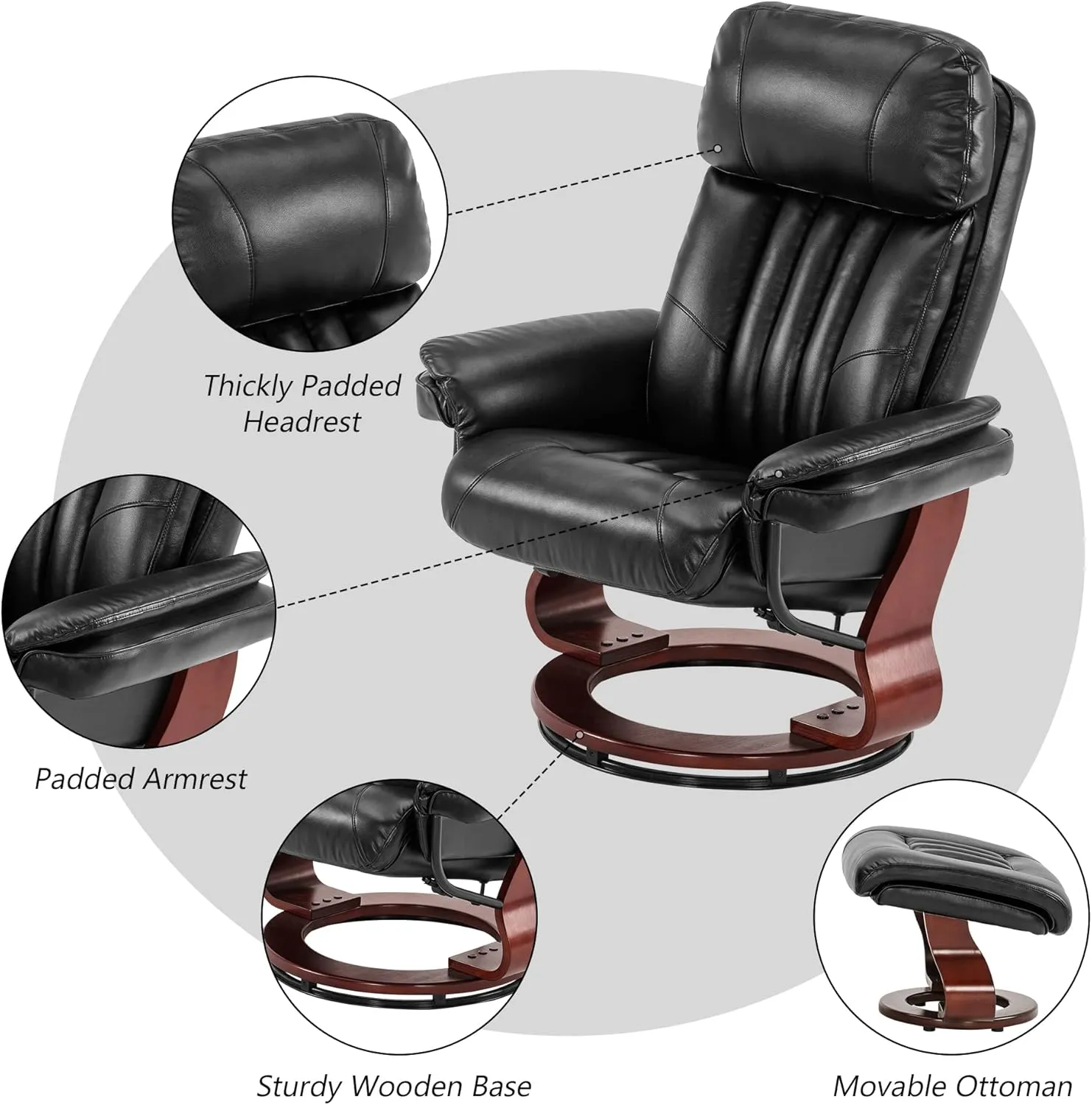 MCombo Swivel Recliner with Ottoman, Faux Leather TV Chair with Vibration Massage, Ideal for Small Space, Living Room & Bedroom (Faux Leather, Black)