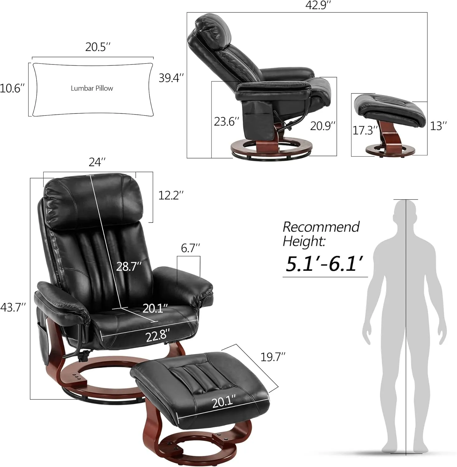 MCombo Swivel Recliner with Ottoman, Faux Leather TV Chair with Vibration Massage, Ideal for Small Space, Living Room & Bedroom (Faux Leather, Black)