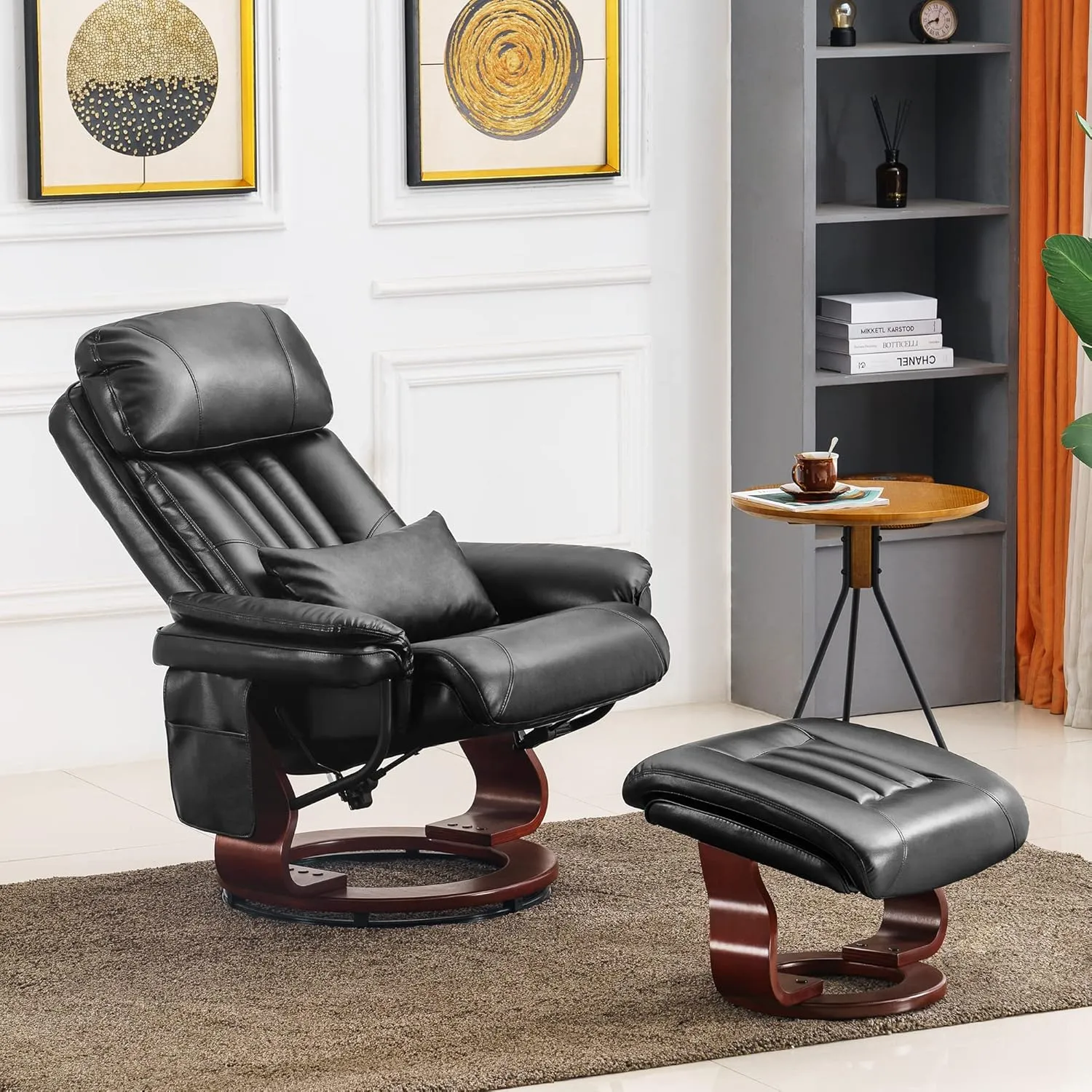 MCombo Swivel Recliner with Ottoman, Faux Leather TV Chair with Vibration Massage, Ideal for Small Space, Living Room & Bedroom (Faux Leather, Black)