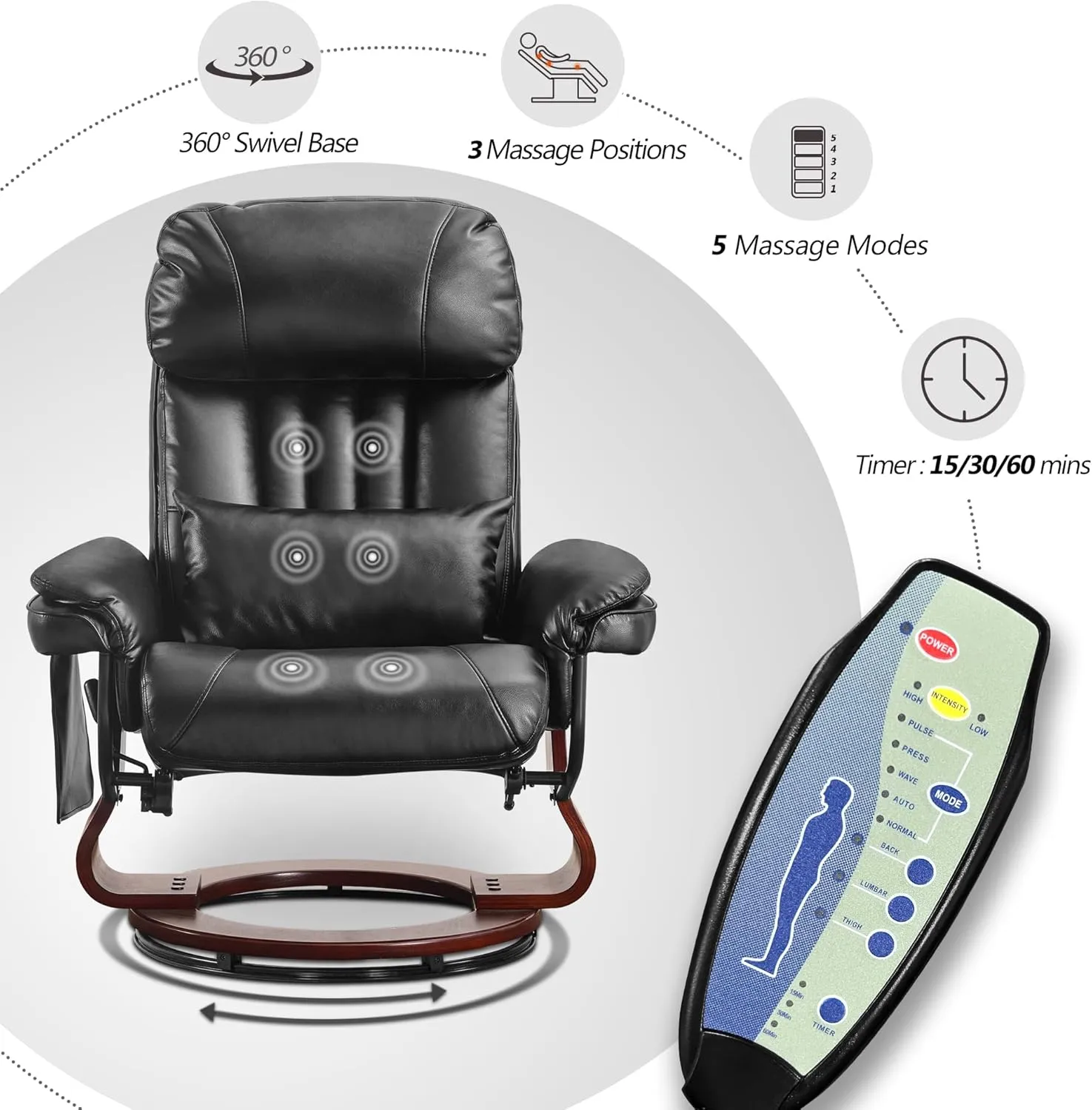 MCombo Swivel Recliner with Ottoman, Faux Leather TV Chair with Vibration Massage, Ideal for Small Space, Living Room & Bedroom (Faux Leather, Black)