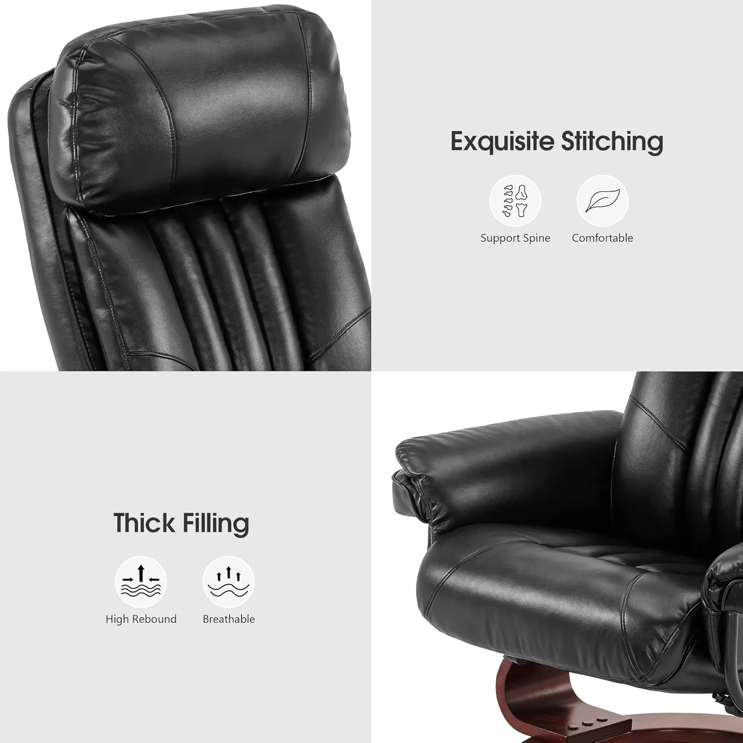 MCombo Swivel Recliner with Ottoman, Faux Leather TV Chair with Vibration Massage, Ideal for Small Space, Living Room & Bedroom (Faux Leather, Black)
