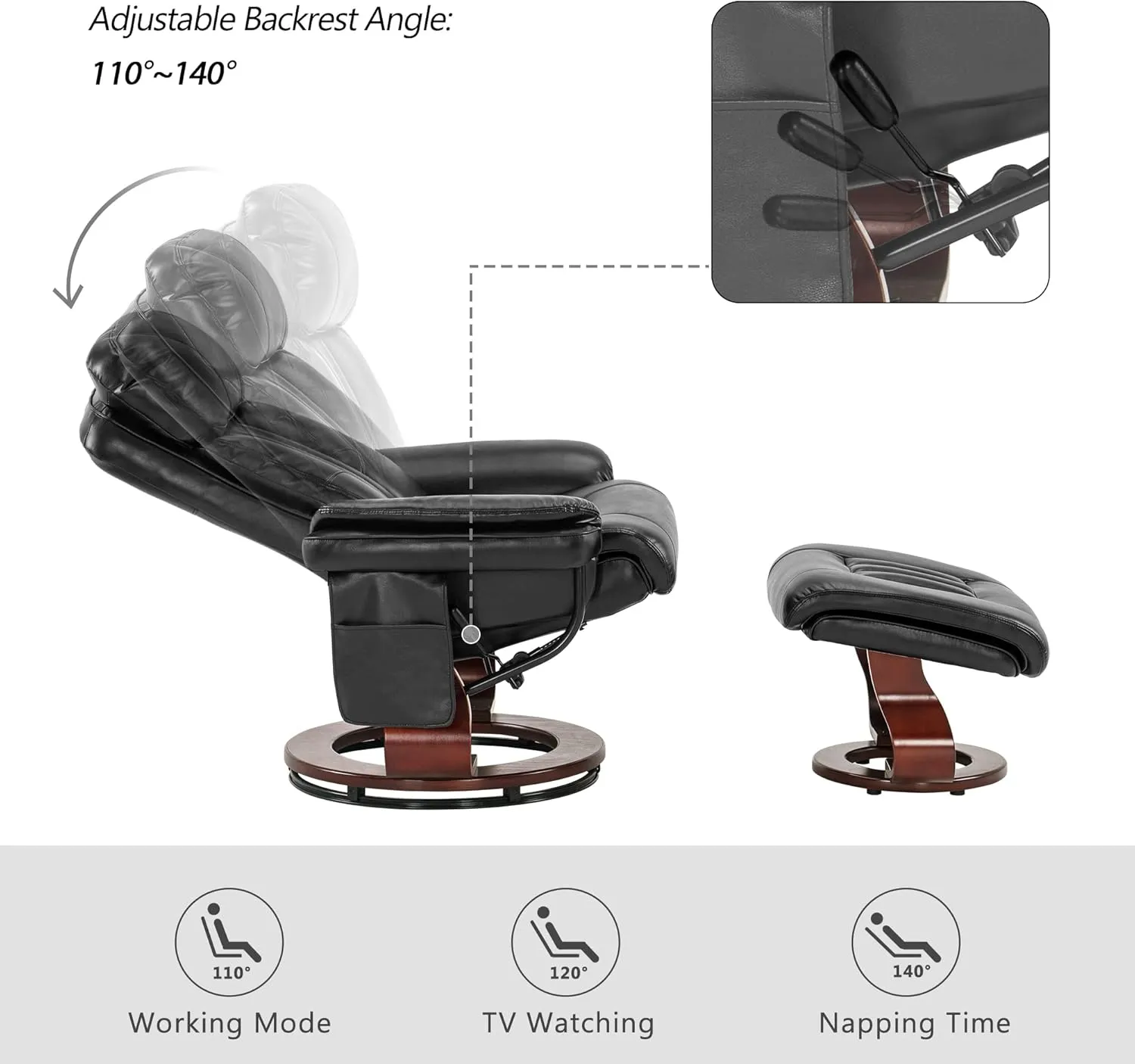 MCombo Swivel Recliner with Ottoman, Faux Leather TV Chair with Vibration Massage, Ideal for Small Space, Living Room & Bedroom (Faux Leather, Black)