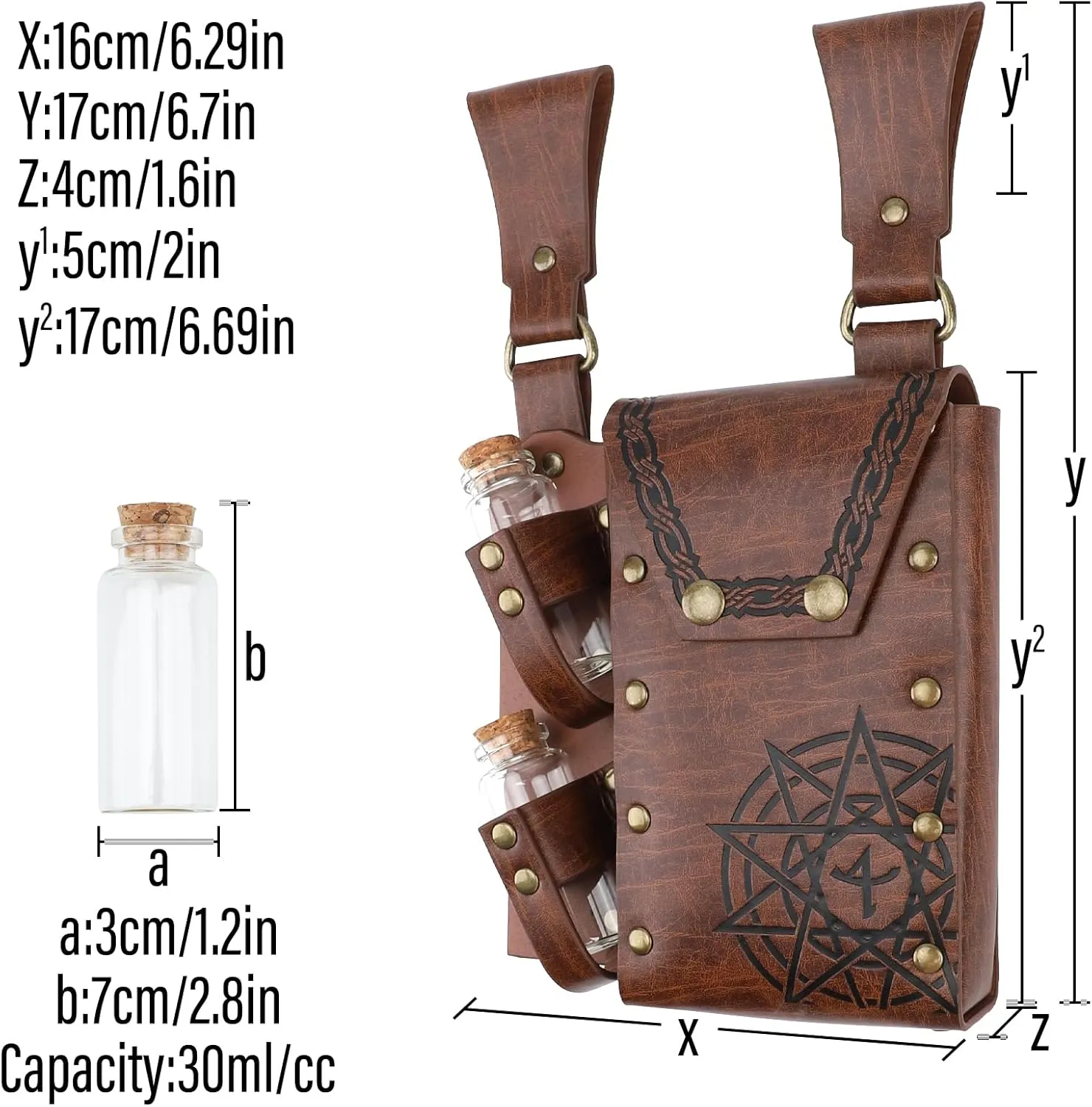 Medieval Alchemy Faux Leather Belt Bag with 2 Cork Potion Vials, Fantasy Wizard Waist Pouch Side Pack for Ren Faire Costumes, Renaissance Accessories Women