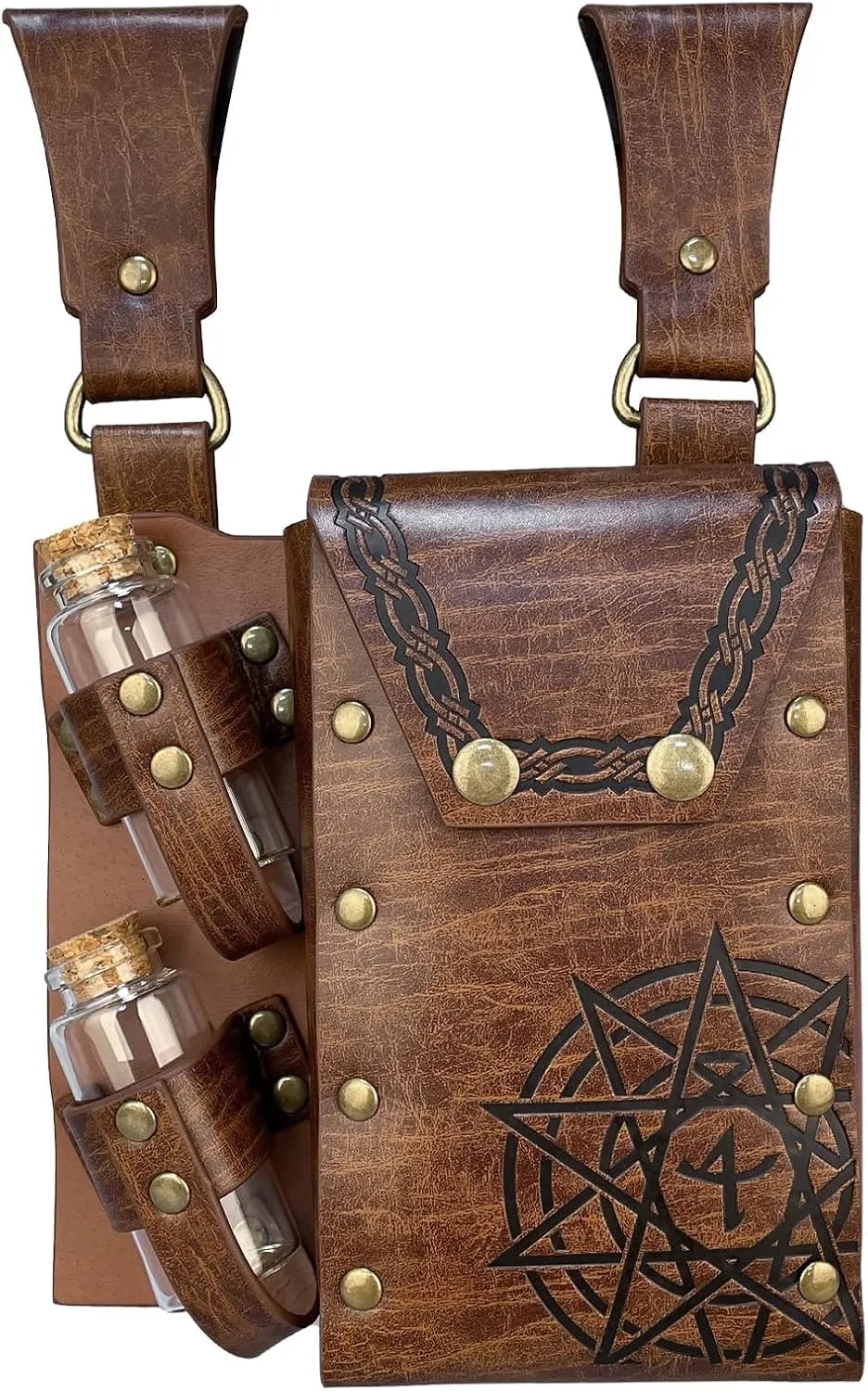 Medieval Alchemy Faux Leather Belt Bag with 2 Cork Potion Vials, Fantasy Wizard Waist Pouch Side Pack for Ren Faire Costumes, Renaissance Accessories Women