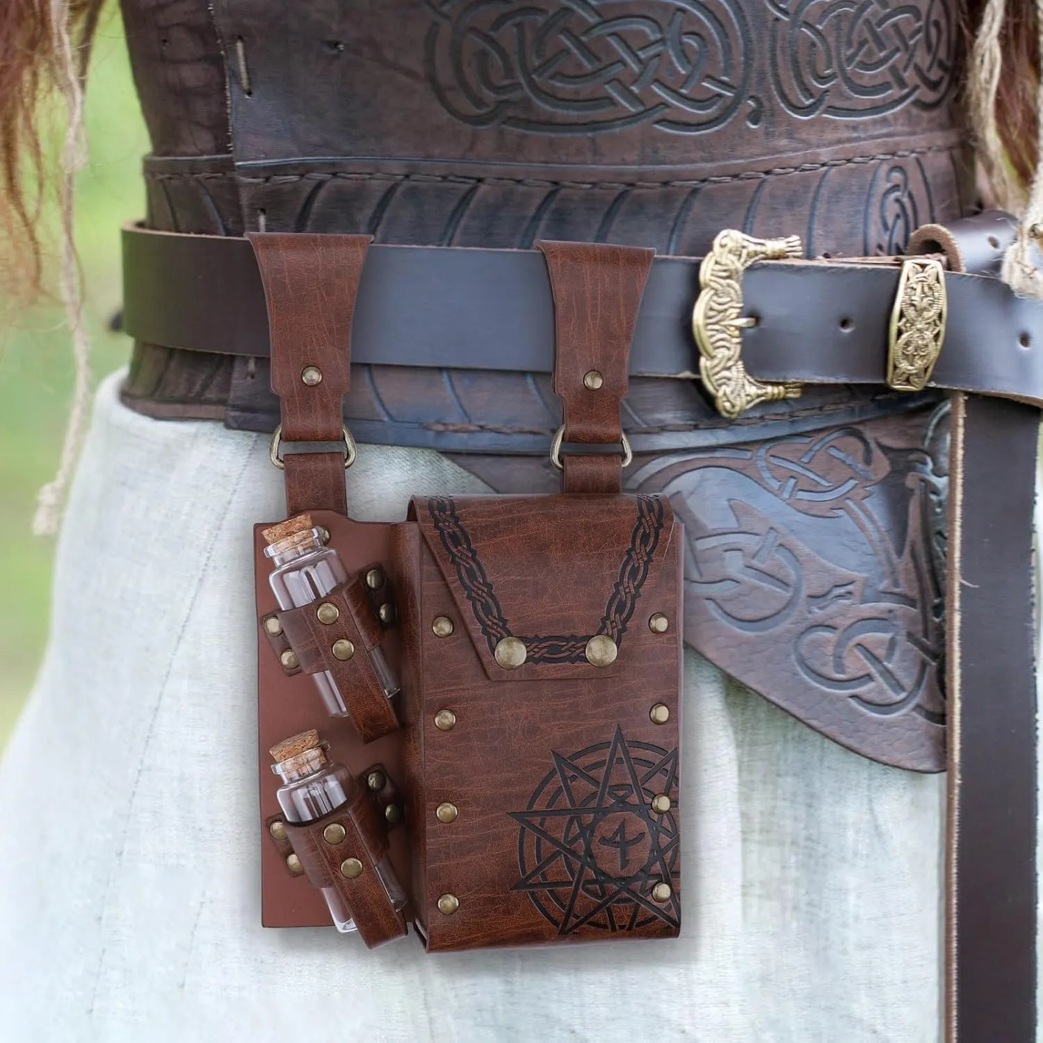 Medieval Alchemy Faux Leather Belt Bag with 2 Cork Potion Vials, Fantasy Wizard Waist Pouch Side Pack for Ren Faire Costumes, Renaissance Accessories Women