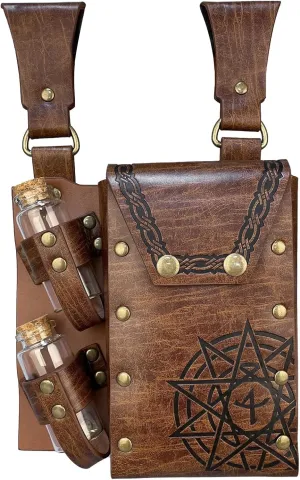 Medieval Alchemy Faux Leather Belt Bag with 2 Cork Potion Vials, Fantasy Wizard Waist Pouch Side Pack for Ren Faire Costumes, Renaissance Accessories Women