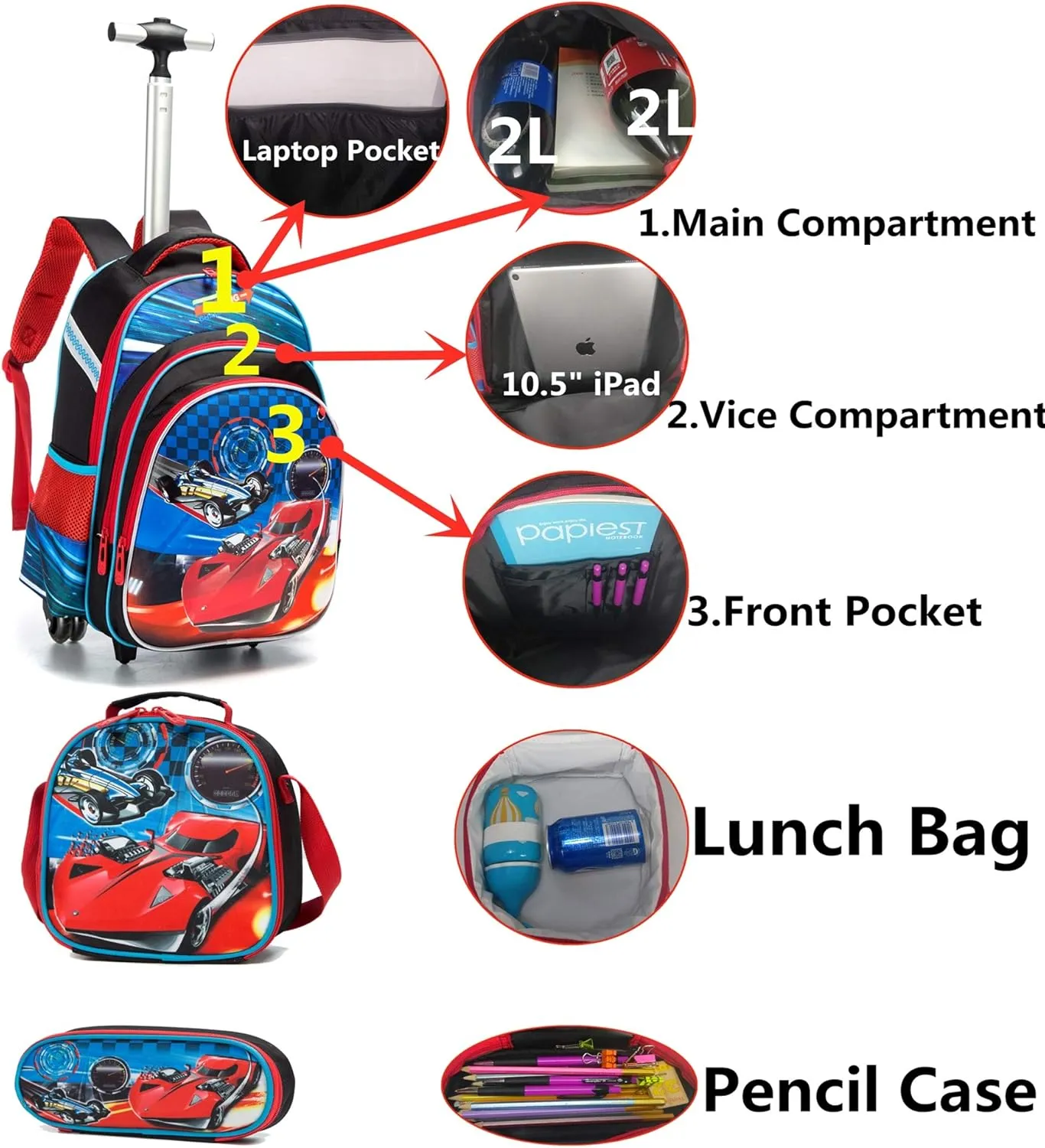 Meetbelify 3Pcs Rolling Backpack for Boys,School Backpack with Wheels for Boys