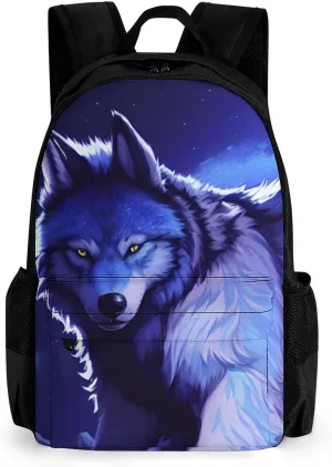 Men Women Polyester Space Wolf In Starry Sky With Jungle And River Scenery Art Daypack Bookbag Big Capacity Shoulder Bag With Padded Straps for Climbing Travel Walking Cycling