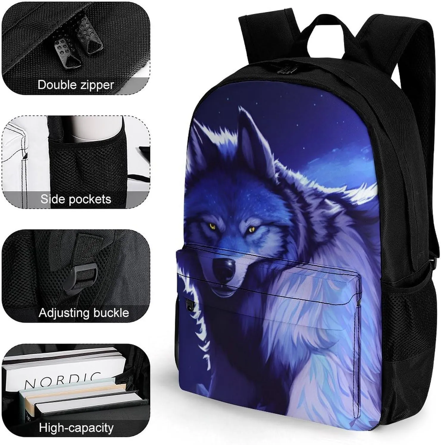 Men Women Polyester Space Wolf In Starry Sky With Jungle And River Scenery Art Daypack Bookbag Big Capacity Shoulder Bag With Padded Straps for Climbing Travel Walking Cycling