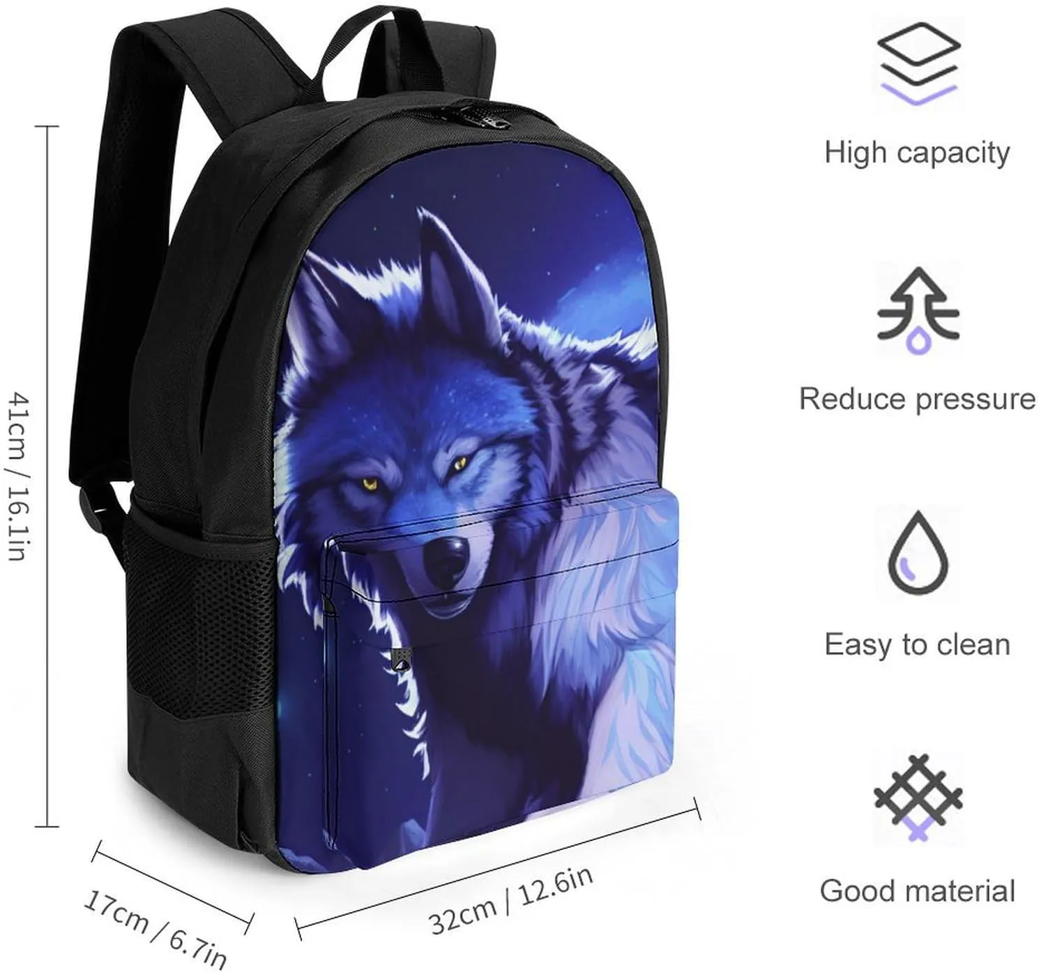 Men Women Polyester Space Wolf In Starry Sky With Jungle And River Scenery Art Daypack Bookbag Big Capacity Shoulder Bag With Padded Straps for Climbing Travel Walking Cycling