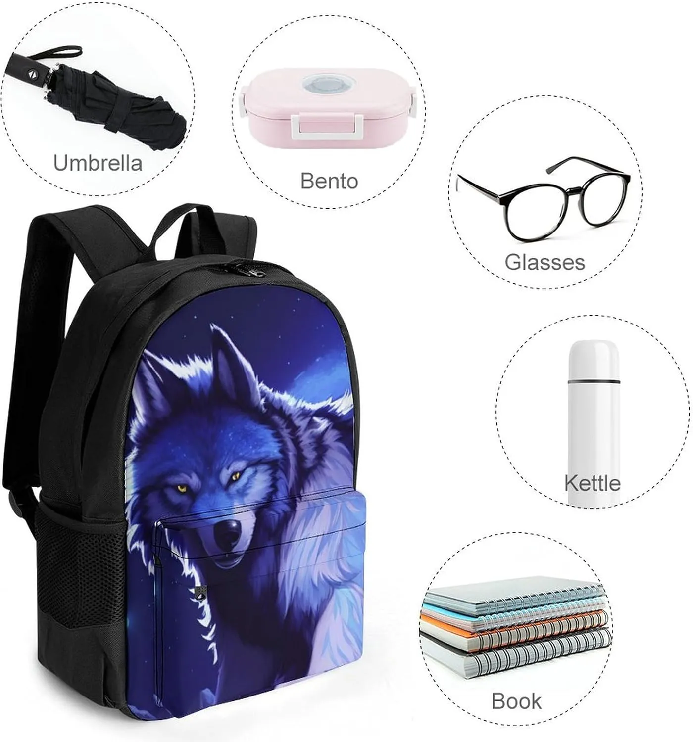 Men Women Polyester Space Wolf In Starry Sky With Jungle And River Scenery Art Daypack Bookbag Big Capacity Shoulder Bag With Padded Straps for Climbing Travel Walking Cycling