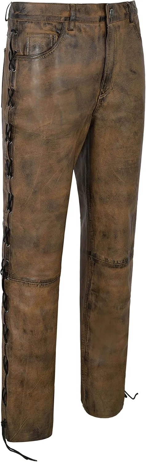 Men's Biker Leather Trouser Dirty Brown Laced Motorcycle Style 100% Napa 00126