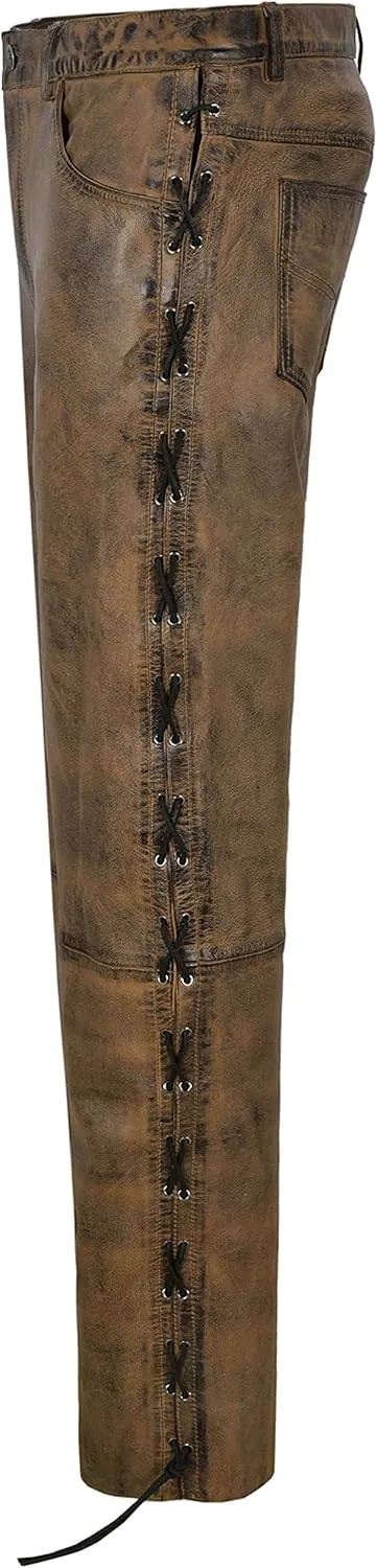 Men's Biker Leather Trouser Dirty Brown Laced Motorcycle Style 100% Napa 00126