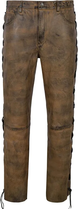 Men's Biker Leather Trouser Dirty Brown Laced Motorcycle Style 100% Napa 00126