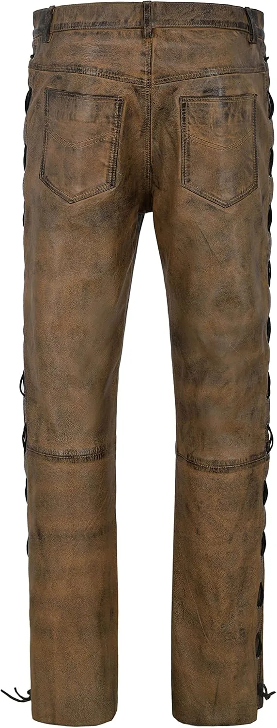Men's Biker Leather Trouser Dirty Brown Laced Motorcycle Style 100% Napa 00126