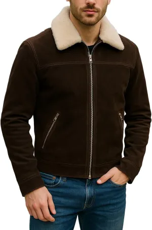 Men's Brown Suede Leather Fur Shearling Collar Jacket - Black Leather Motorcycle Jacket Men - Brown Corduroy Coat