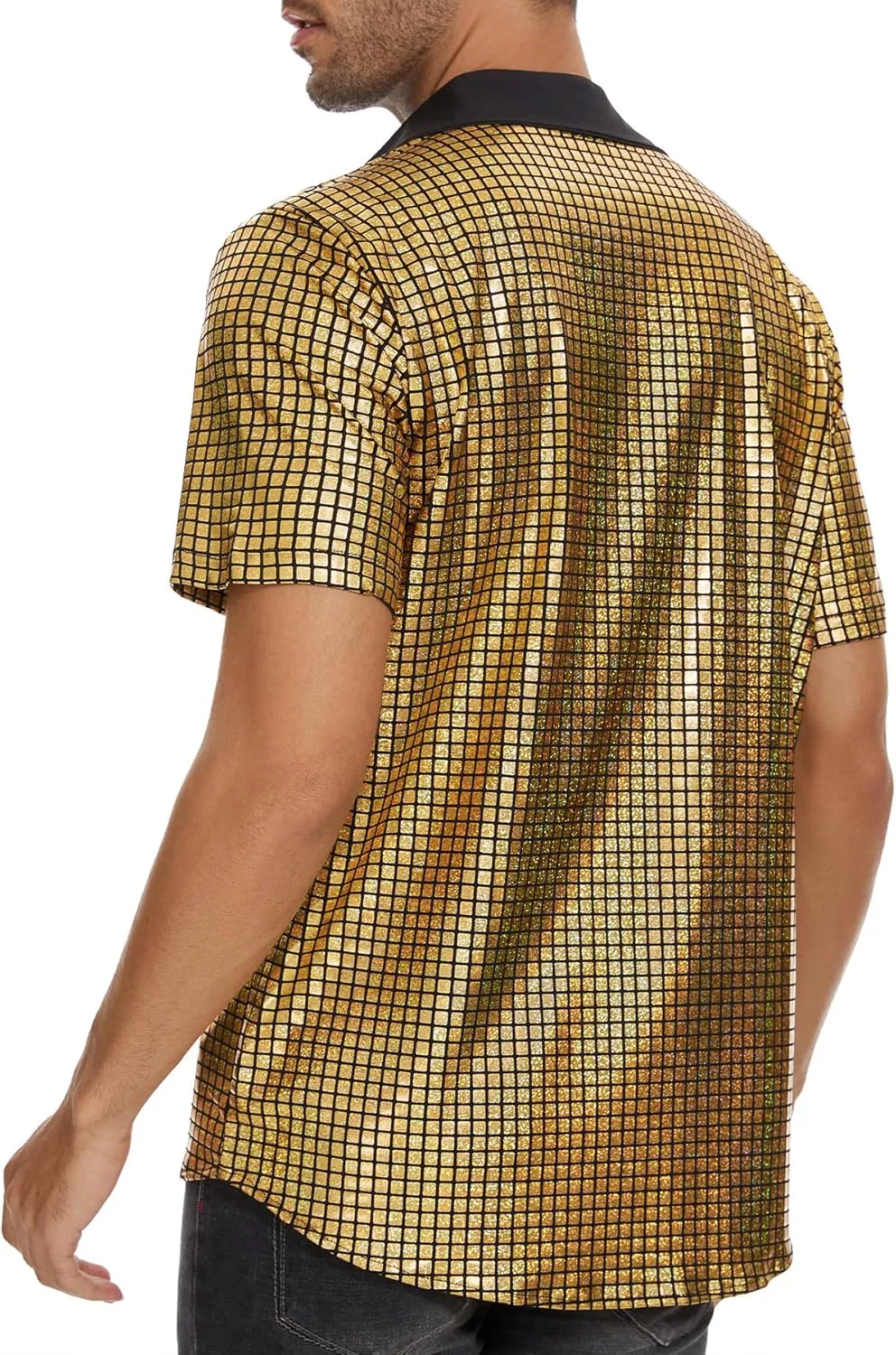 Mens Button Down Disco Shirt Outfit Men Retro 70s Shirts for Men Sequin Metallic Short Sleeve Disco Outfits Party Costume Top