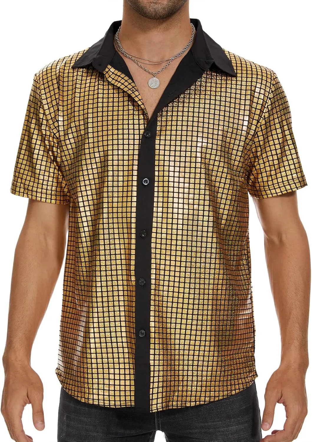 Mens Button Down Disco Shirt Outfit Men Retro 70s Shirts for Men Sequin Metallic Short Sleeve Disco Outfits Party Costume Top