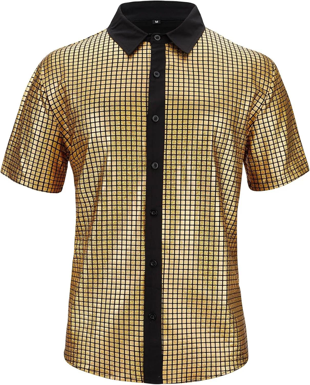 Mens Button Down Disco Shirt Outfit Men Retro 70s Shirts for Men Sequin Metallic Short Sleeve Disco Outfits Party Costume Top