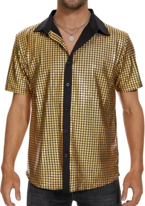 Mens Button Down Disco Shirt Outfit Men Retro 70s Shirts for Men Sequin Metallic Short Sleeve Disco Outfits Party Costume Top