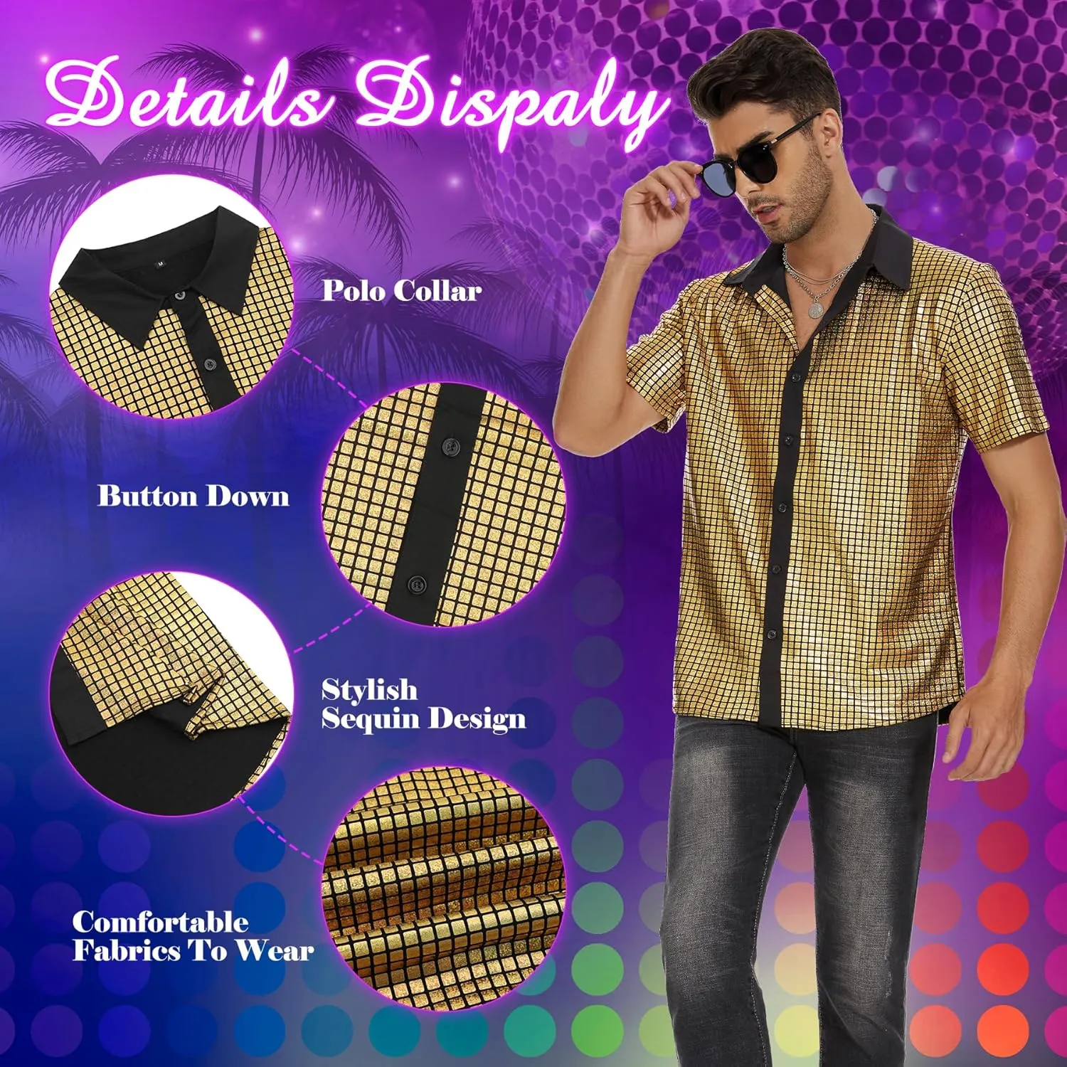 Mens Button Down Disco Shirt Outfit Men Retro 70s Shirts for Men Sequin Metallic Short Sleeve Disco Outfits Party Costume Top