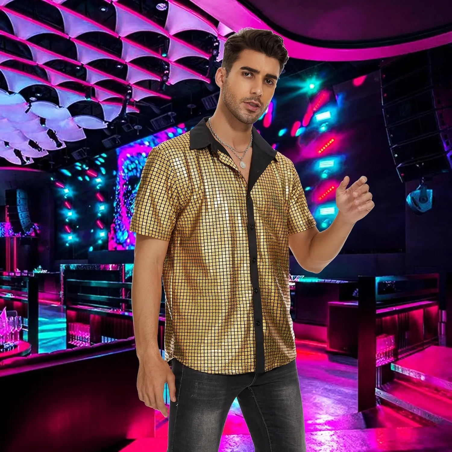 Mens Button Down Disco Shirt Outfit Men Retro 70s Shirts for Men Sequin Metallic Short Sleeve Disco Outfits Party Costume Top