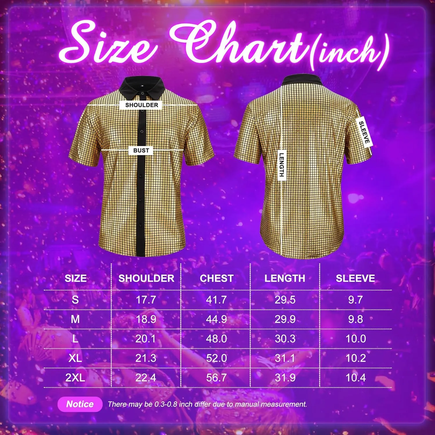 Mens Button Down Disco Shirt Outfit Men Retro 70s Shirts for Men Sequin Metallic Short Sleeve Disco Outfits Party Costume Top