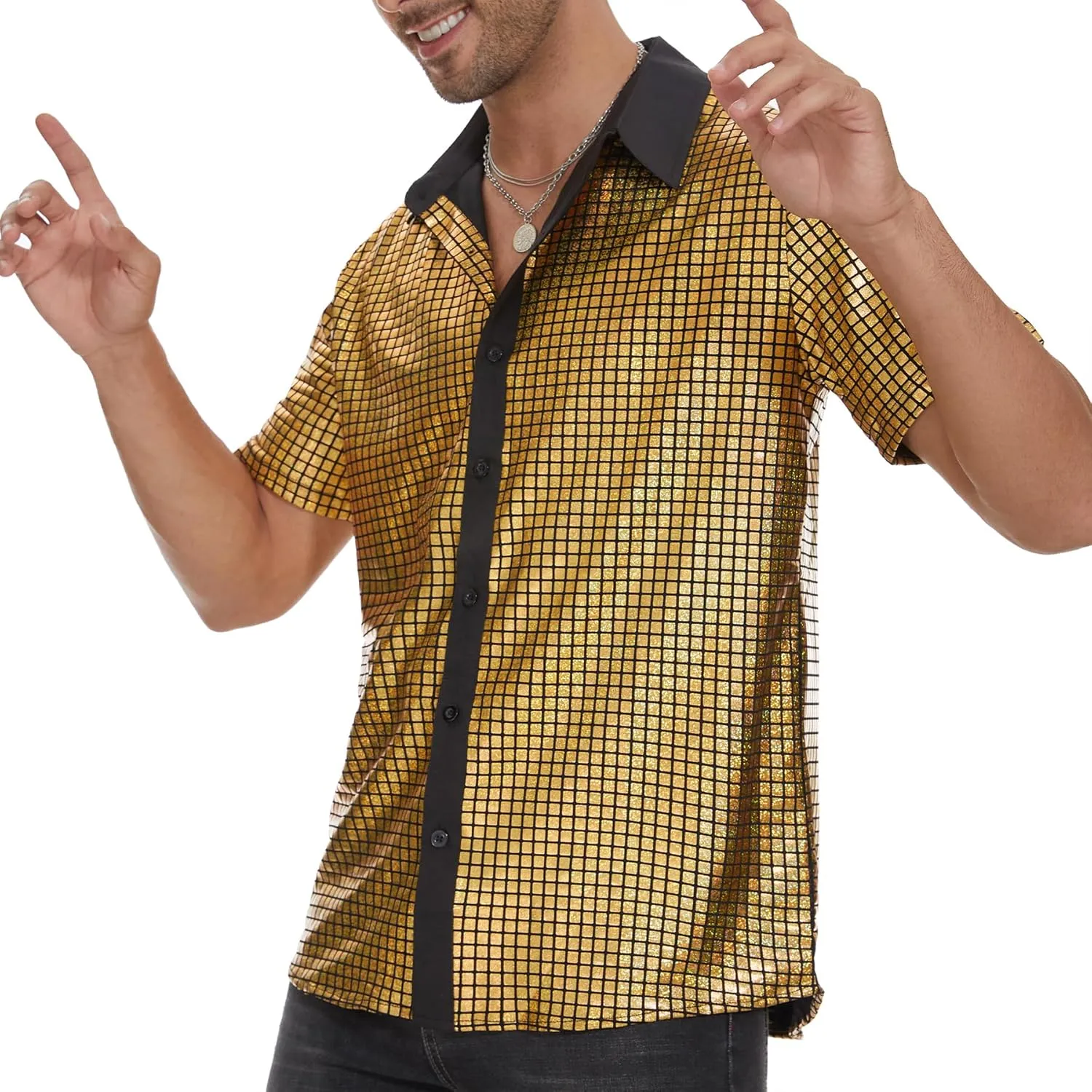 Mens Button Down Disco Shirt Outfit Men Retro 70s Shirts for Men Sequin Metallic Short Sleeve Disco Outfits Party Costume Top