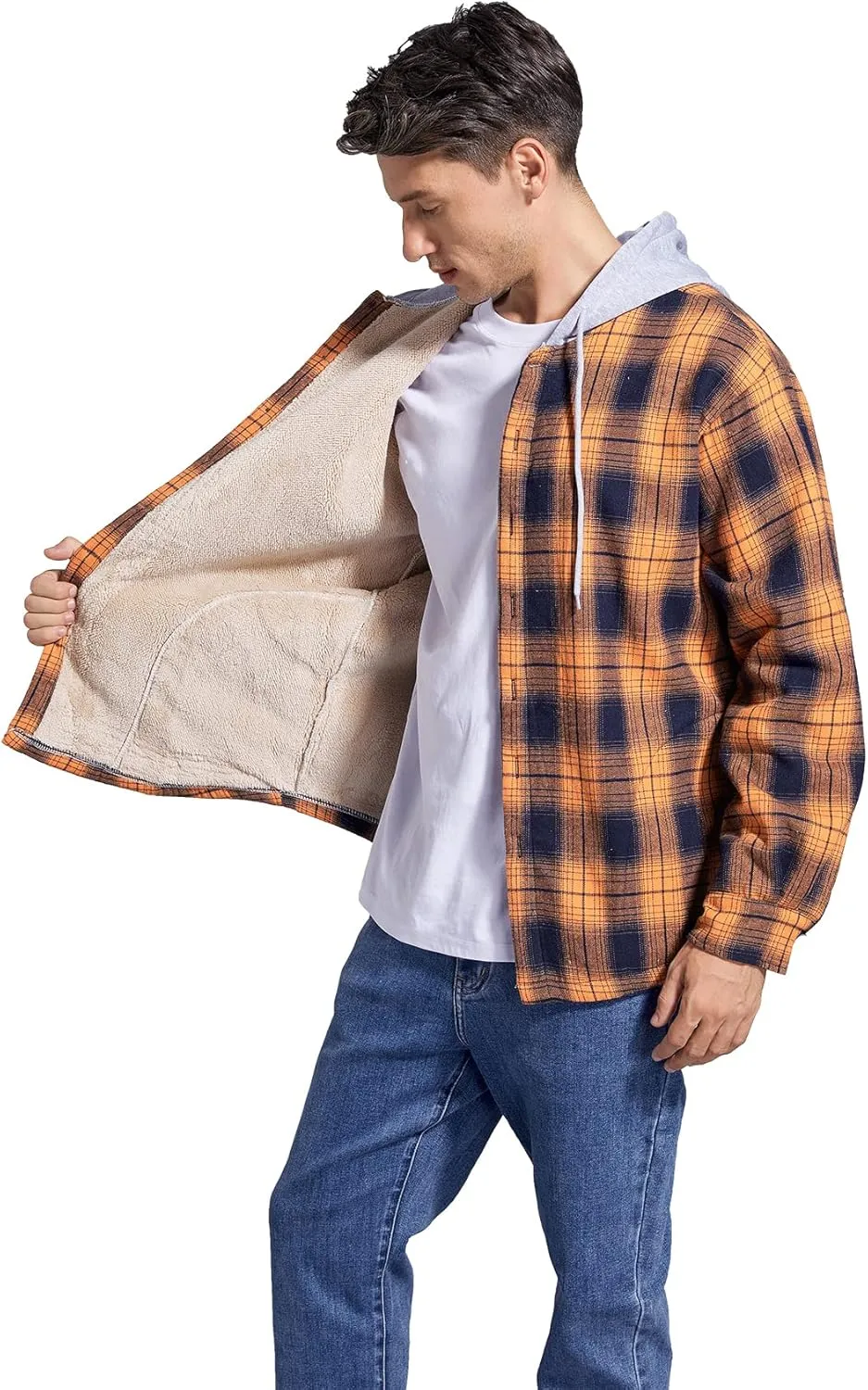 Men's Cotton Plaid Shirts Jacket Fleece Lined Flannel Shirts Sherpa Button Down Jackets with Hood for Men