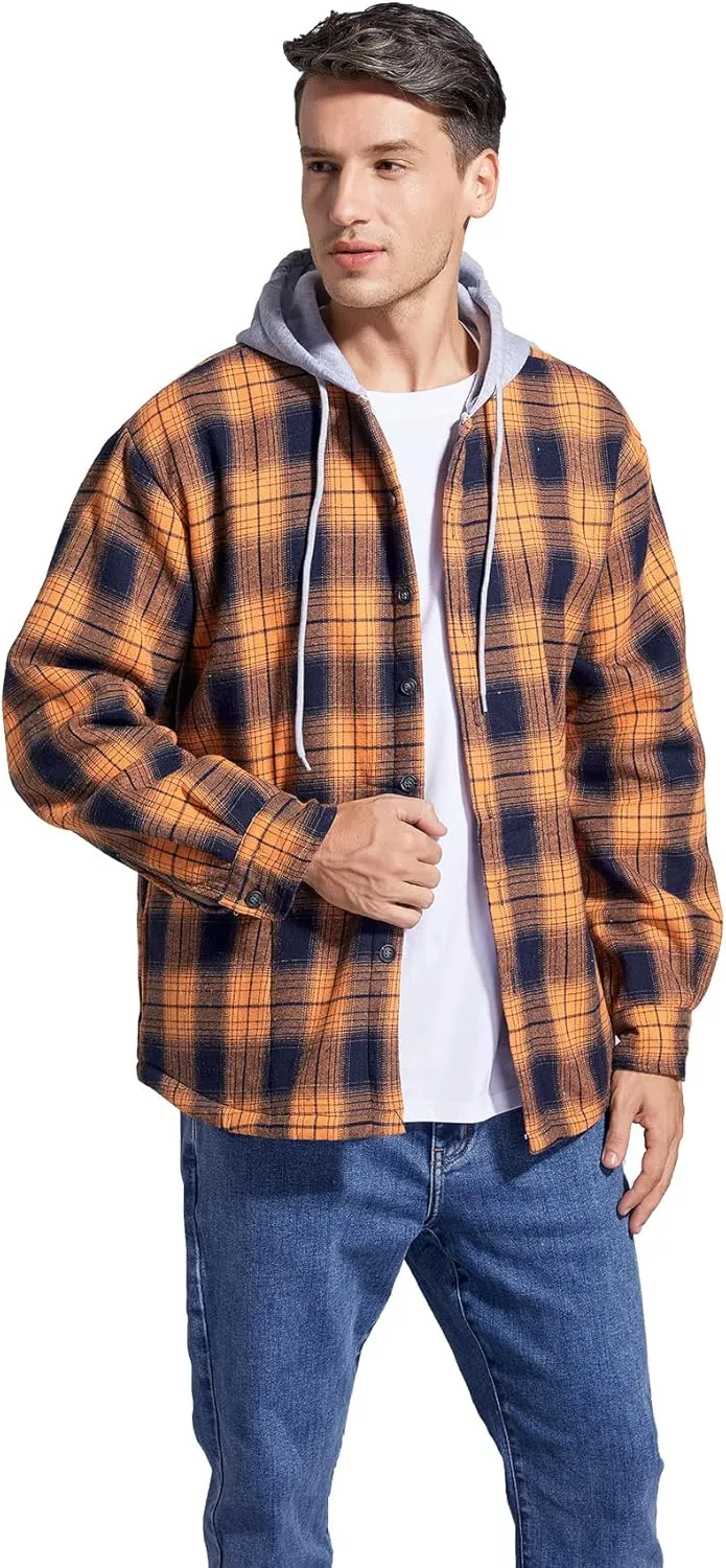 Men's Cotton Plaid Shirts Jacket Fleece Lined Flannel Shirts Sherpa Button Down Jackets with Hood for Men