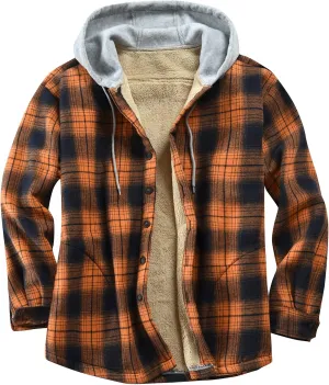 Men's Cotton Plaid Shirts Jacket Fleece Lined Flannel Shirts Sherpa Button Down Jackets with Hood for Men