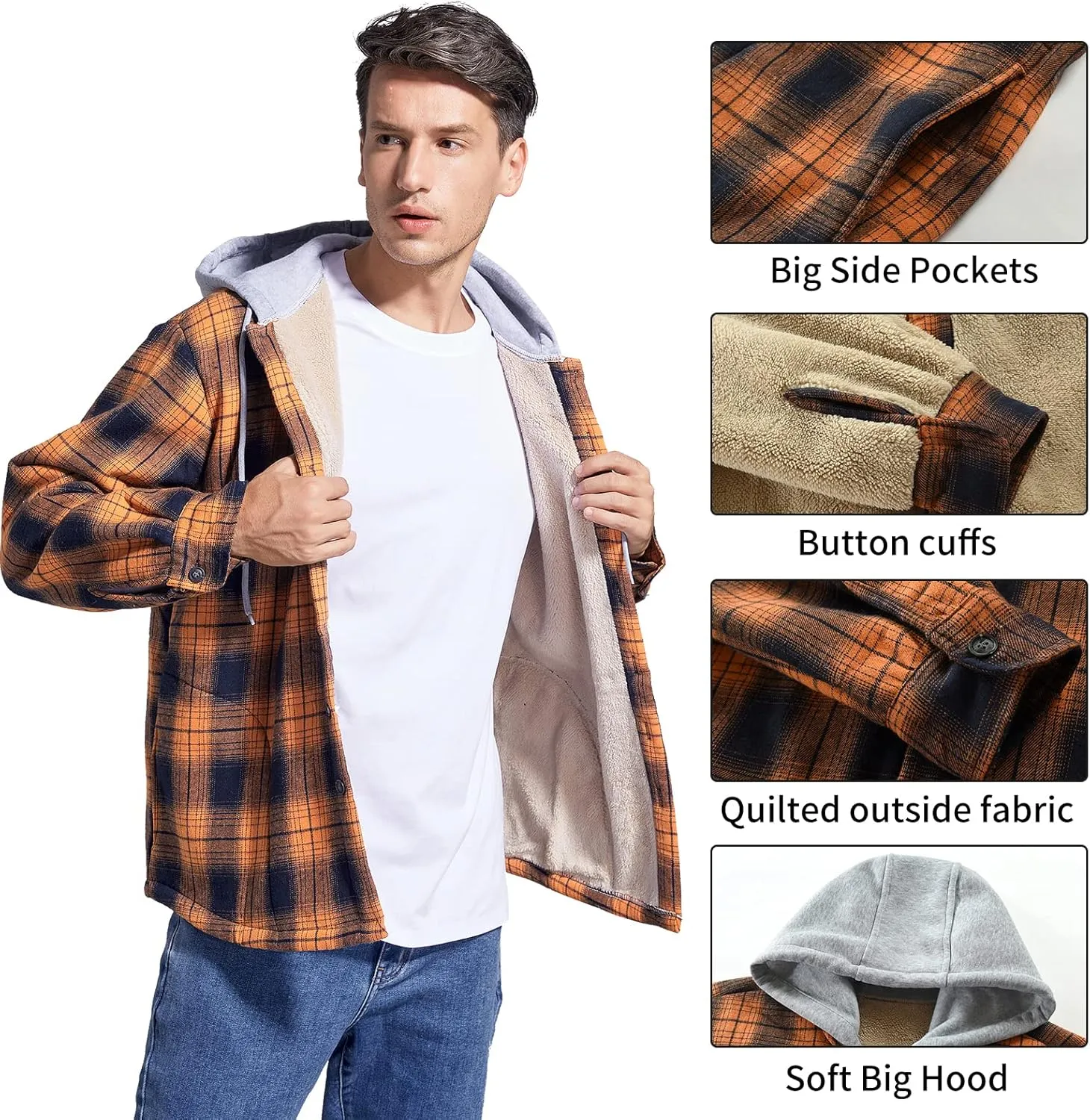 Men's Cotton Plaid Shirts Jacket Fleece Lined Flannel Shirts Sherpa Button Down Jackets with Hood for Men