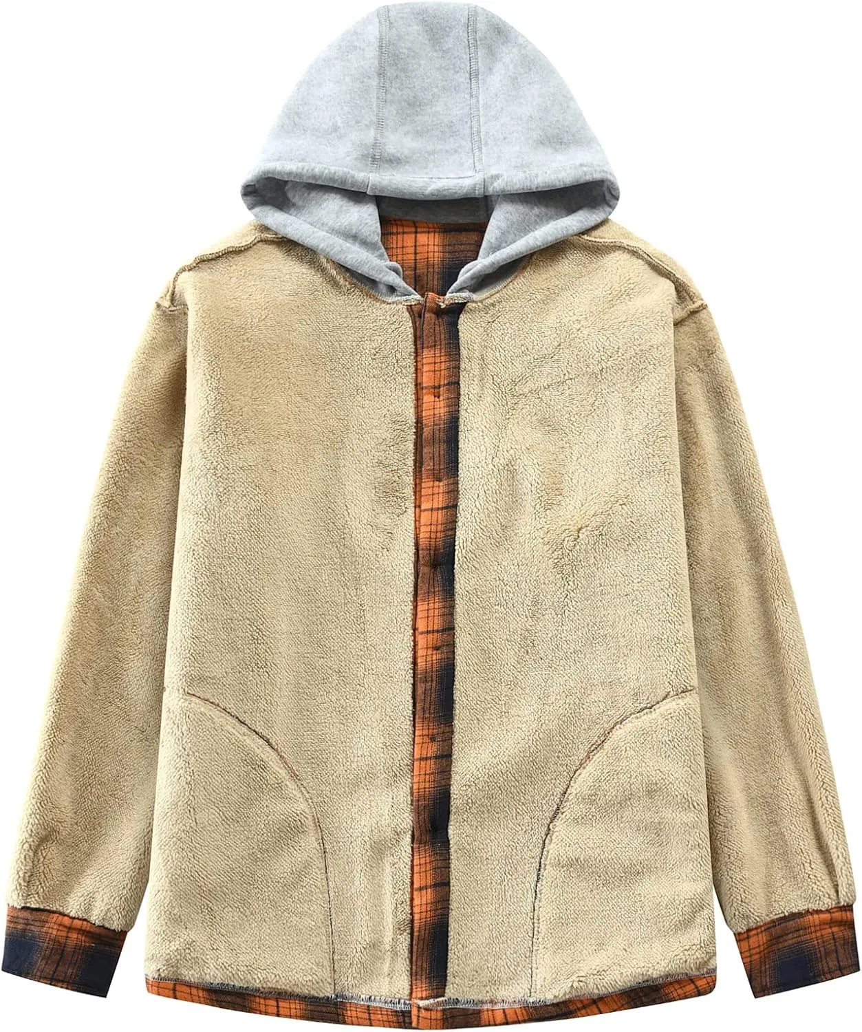 Men's Cotton Plaid Shirts Jacket Fleece Lined Flannel Shirts Sherpa Button Down Jackets with Hood for Men