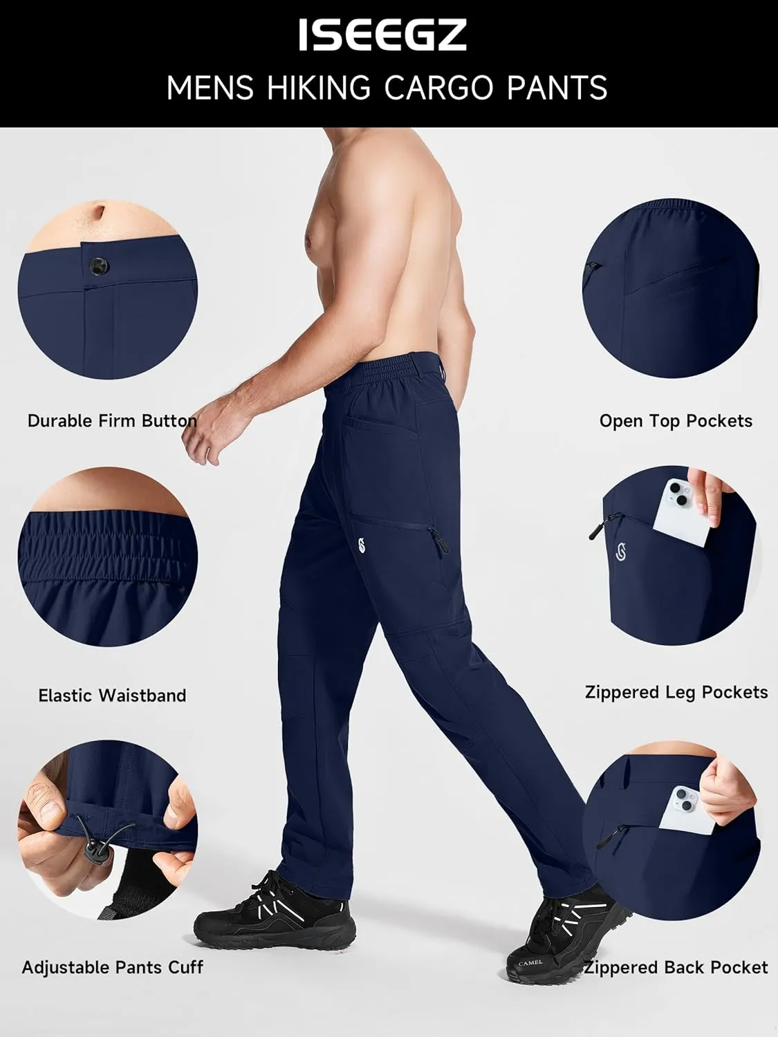 Men's Hiking Pants, Quick Dry Travel Pants Men Lightweight Outdoor Large Pocket Casual Work Pants Water-Resistant
