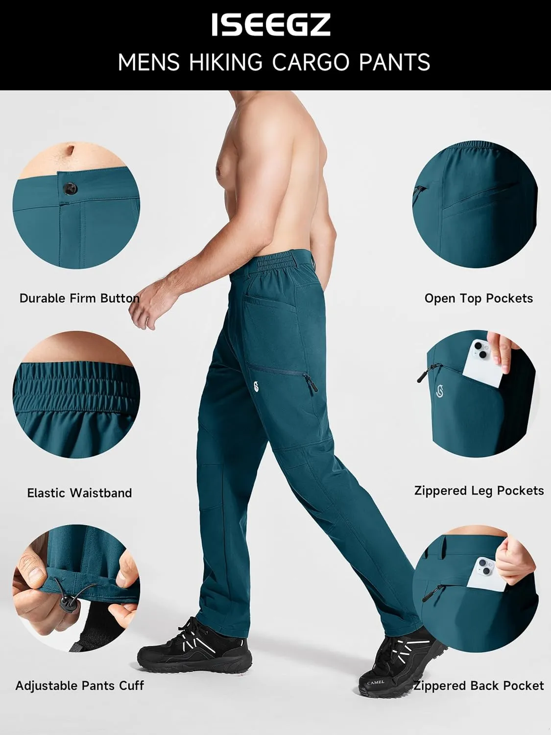 Men's Hiking Pants, Quick Dry Travel Pants Men Lightweight Outdoor Large Pocket Casual Work Pants Water-Resistant