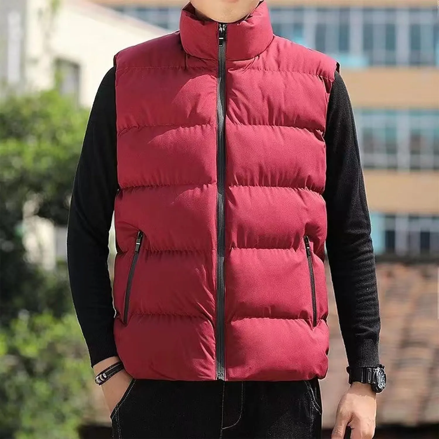 Men's Outdoor Stand Collar Jacket Vest Casual Padded Vest Coats Men's Outdoor Stand Collar Fleece Jacket Vest Coat