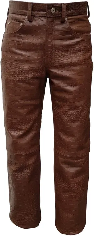 Mens Real Brown Alligator/Crocodile Print Leather 501 Style Jeans Pants Trouser Bikers Club