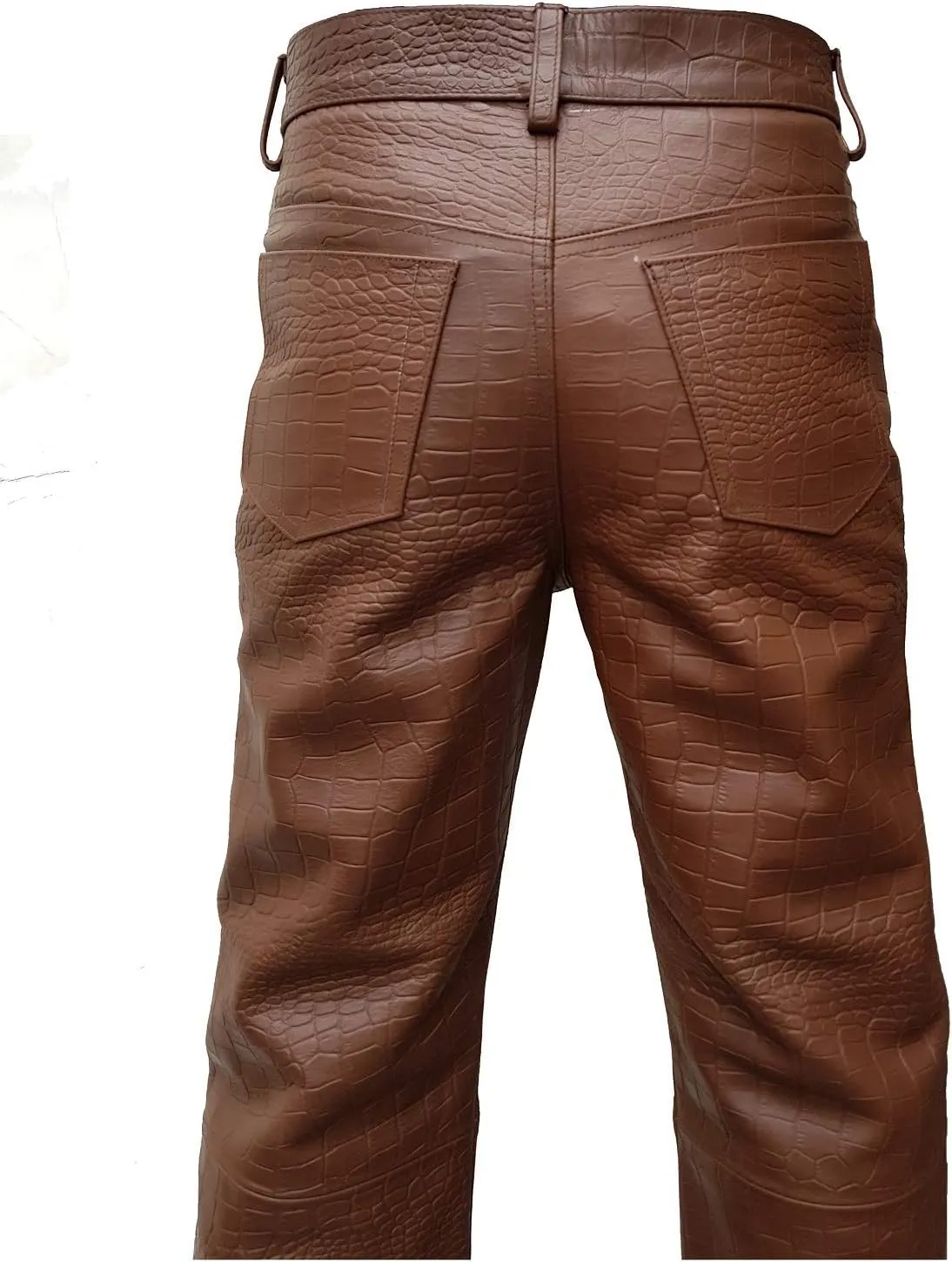 Mens Real Brown Alligator/Crocodile Print Leather 501 Style Jeans Pants Trouser Bikers Club