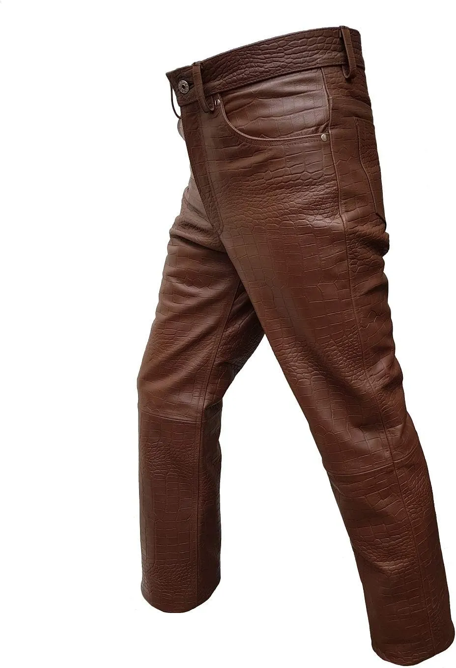 Mens Real Brown Alligator/Crocodile Print Leather 501 Style Jeans Pants Trouser Bikers Club