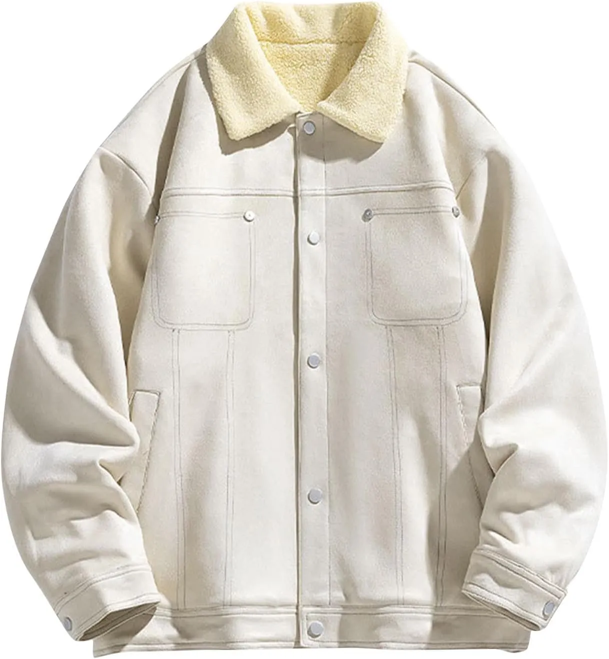 Men's Sherpa Lined Jacket Casual Suede Trucker Jacket Lapel Button Down Fleece Warm Winter Coats with Pockets