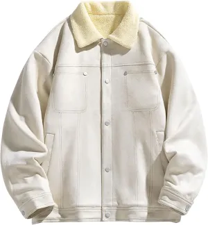 Men's Sherpa Lined Jacket Casual Suede Trucker Jacket Lapel Button Down Fleece Warm Winter Coats with Pockets