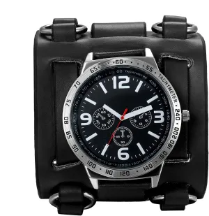 Mens Steampunk Retro Genuine Leather Replaceable Watch Military Japan Quartz Hip-hop Gothic Wide Bracelet Cuff Big Black Dial Sport Wrist Watches