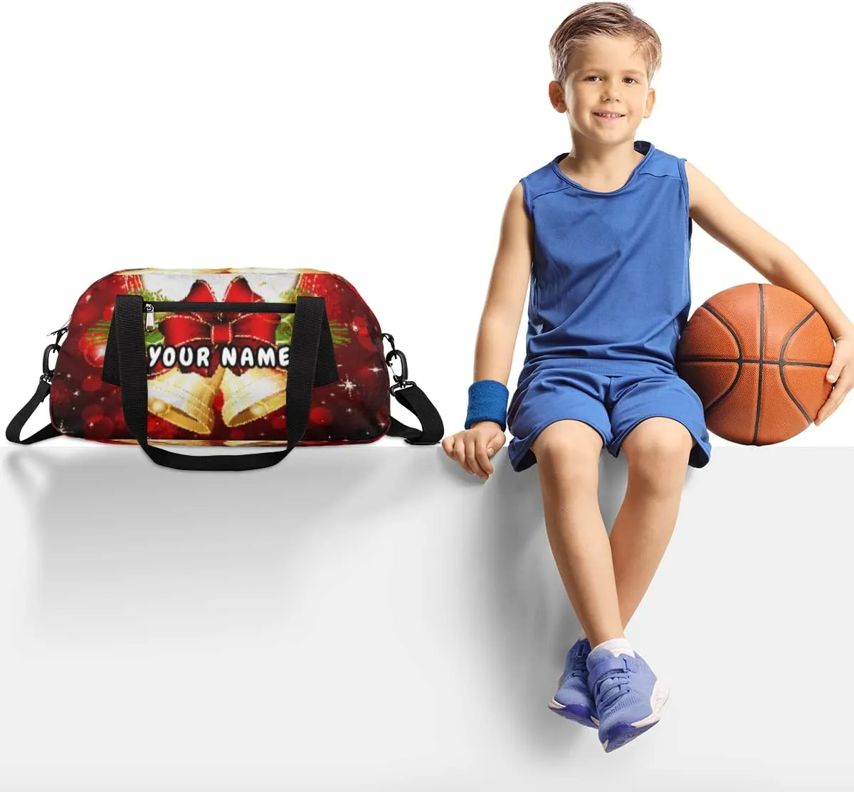 Merry Christmas Xmas Bell Personalized Kids Duffel Bag for Girls Boys, Christmas Debris Custom Name Dance Bag Overnight Small Duffel Bag Carry On Weekend Sports Travel Bag for School Practice Gymnastics Ballet