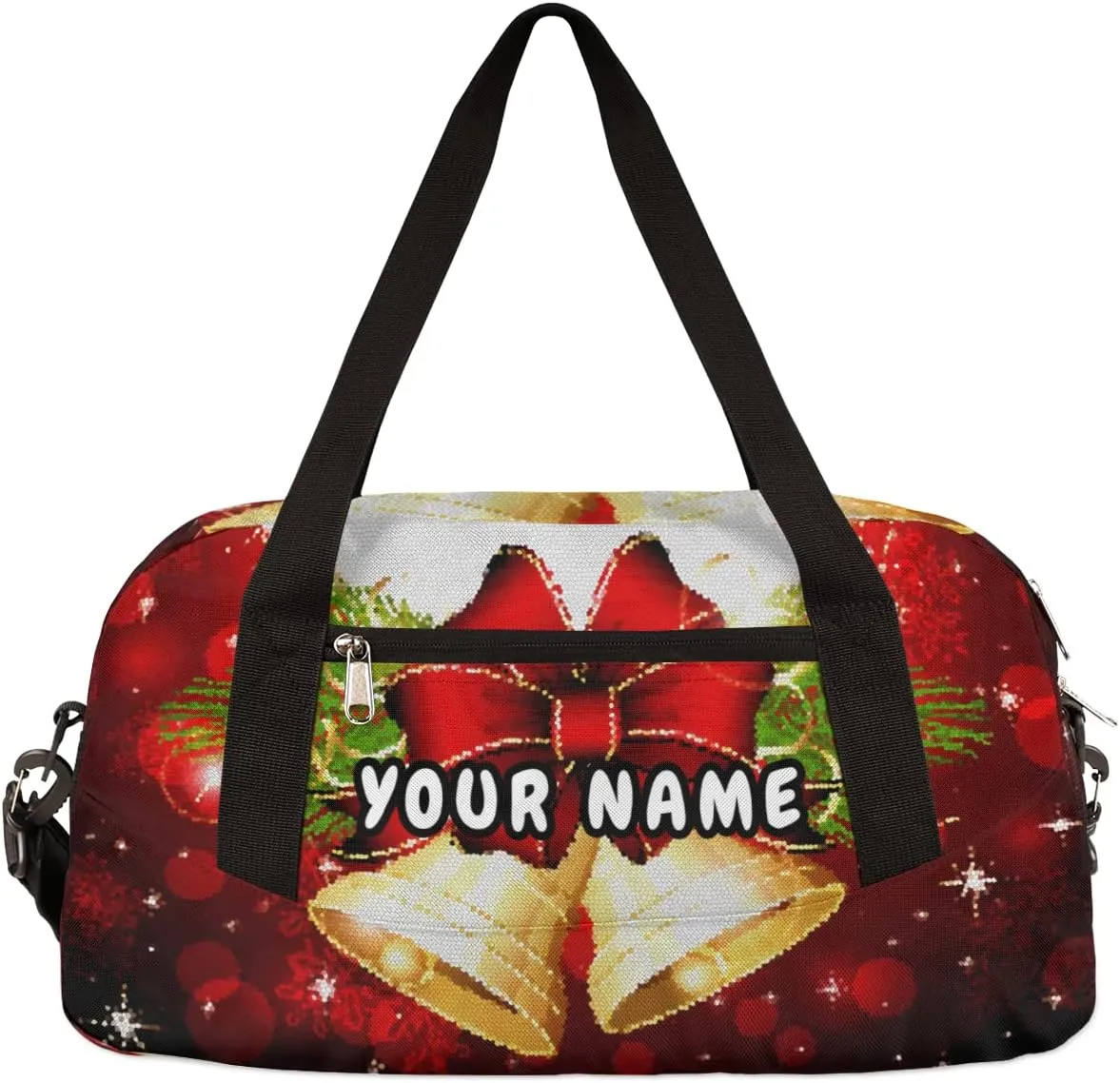Merry Christmas Xmas Bell Personalized Kids Duffel Bag for Girls Boys, Christmas Debris Custom Name Dance Bag Overnight Small Duffel Bag Carry On Weekend Sports Travel Bag for School Practice Gymnastics Ballet