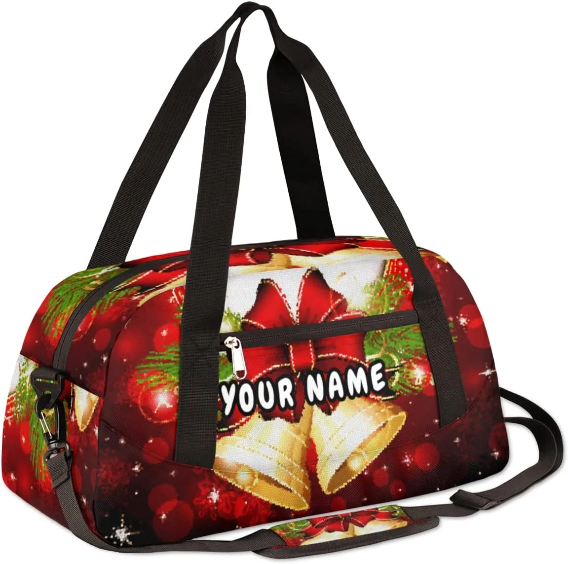 Merry Christmas Xmas Bell Personalized Kids Duffel Bag for Girls Boys, Christmas Debris Custom Name Dance Bag Overnight Small Duffel Bag Carry On Weekend Sports Travel Bag for School Practice Gymnastics Ballet