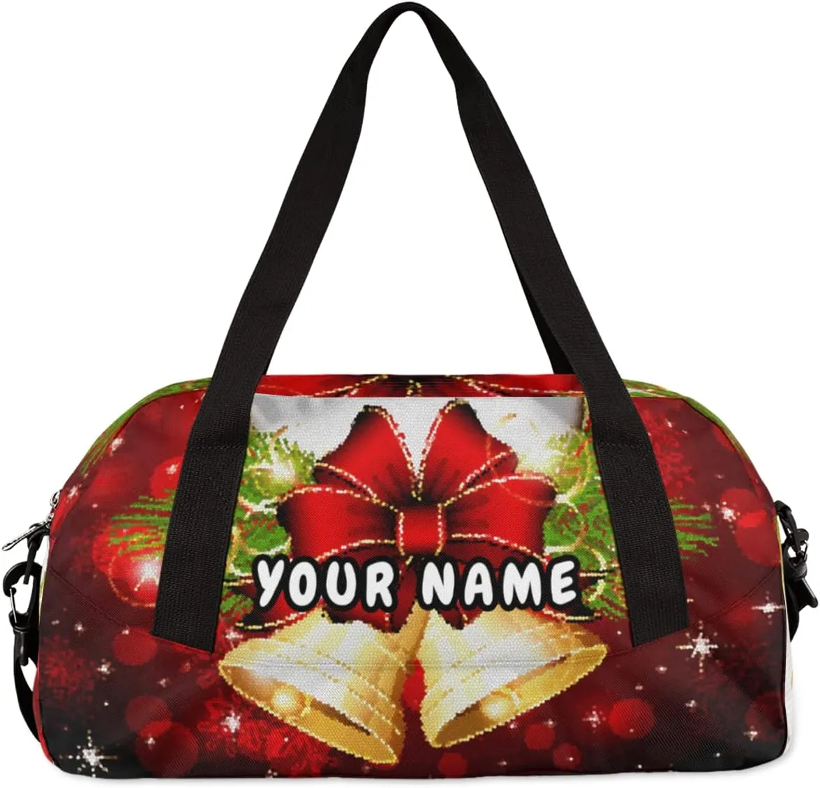 Merry Christmas Xmas Bell Personalized Kids Duffel Bag for Girls Boys, Christmas Debris Custom Name Dance Bag Overnight Small Duffel Bag Carry On Weekend Sports Travel Bag for School Practice Gymnastics Ballet