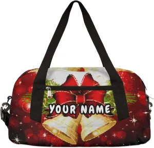 Merry Christmas Xmas Bell Personalized Kids Duffel Bag for Girls Boys, Christmas Debris Custom Name Dance Bag Overnight Small Duffel Bag Carry On Weekend Sports Travel Bag for School Practice Gymnastics Ballet