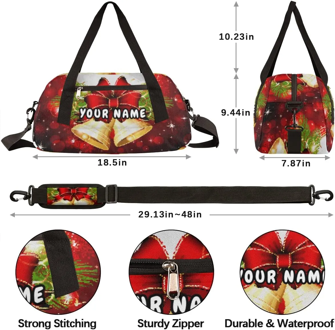 Merry Christmas Xmas Bell Personalized Kids Duffel Bag for Girls Boys, Christmas Debris Custom Name Dance Bag Overnight Small Duffel Bag Carry On Weekend Sports Travel Bag for School Practice Gymnastics Ballet